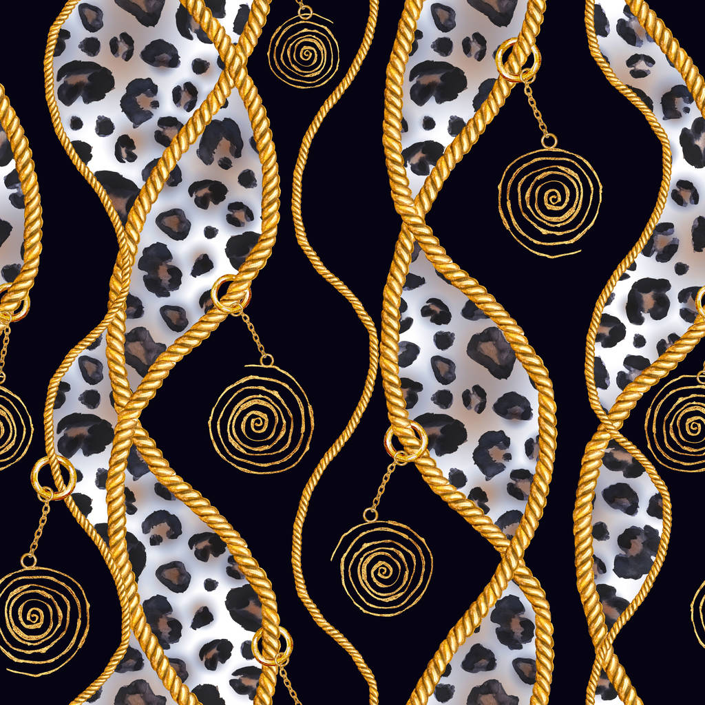 Cadena dorada glamour leopardo guepardo patrón sin costura ilustración. Textura de moda dibujada a mano en acuarela con cadenas doradas sobre fondo negro. Impresión de acuarela para textiles, tela, papel pintado
. - Foto, imagen
