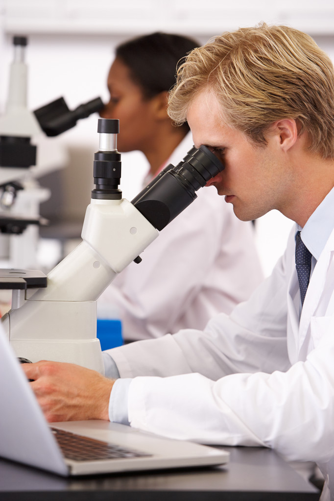 Laboratuvarda Erkek ve Kadın Bilim Adamları Mikroskop Kullanıyor - Fotoğraf, Görsel