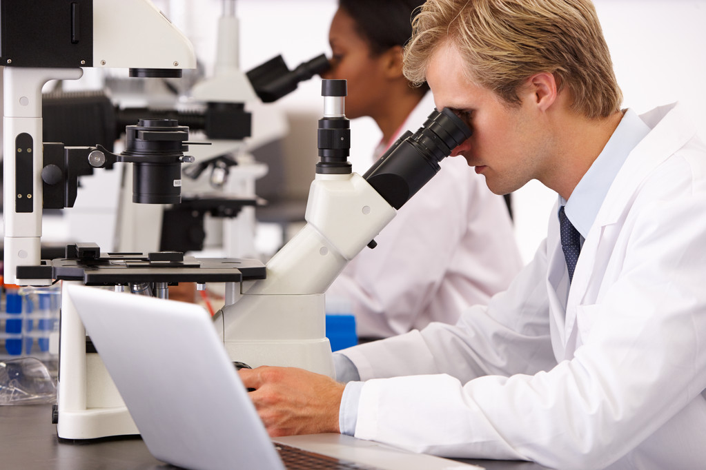Male And Female Scientists Using Microscopes In Laboratory - Photo, Image