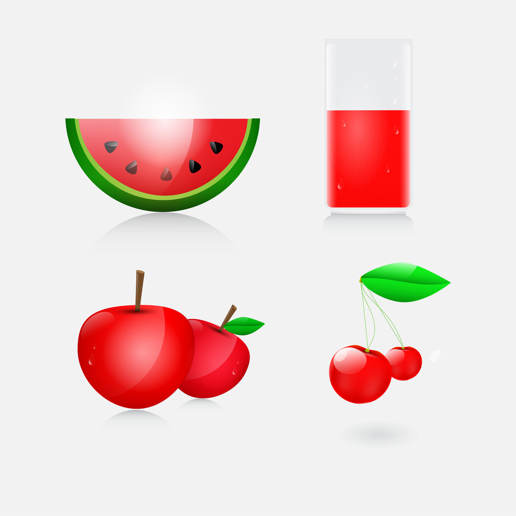 Ilustración vectorial de zumo, sandía, manzana y cereza
 - Vector, Imagen