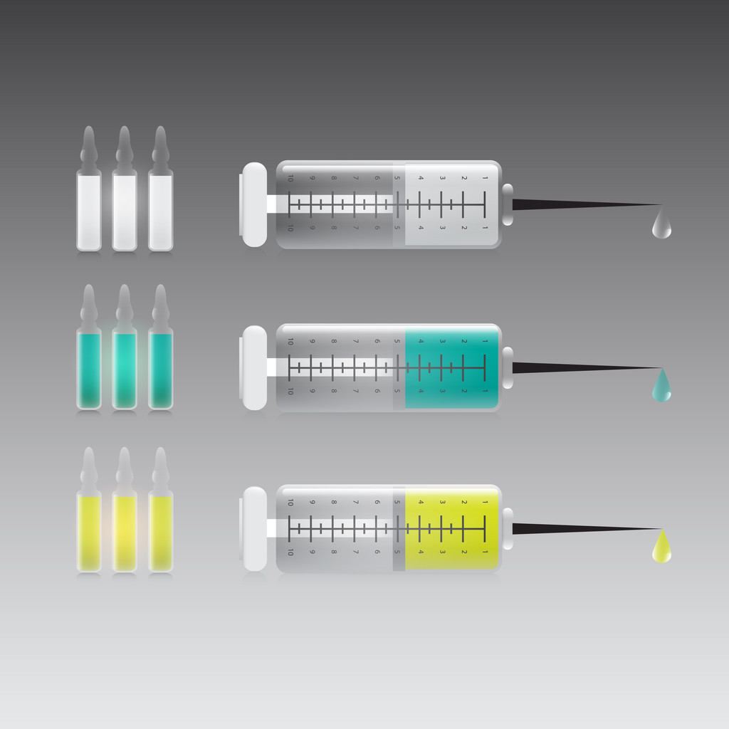 Medical syringes with colorful liquid - Vector, Image