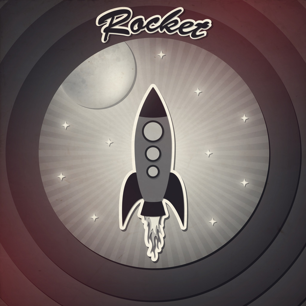 Cohete vintage en la ilustración del vector espacial
 - Vector, imagen