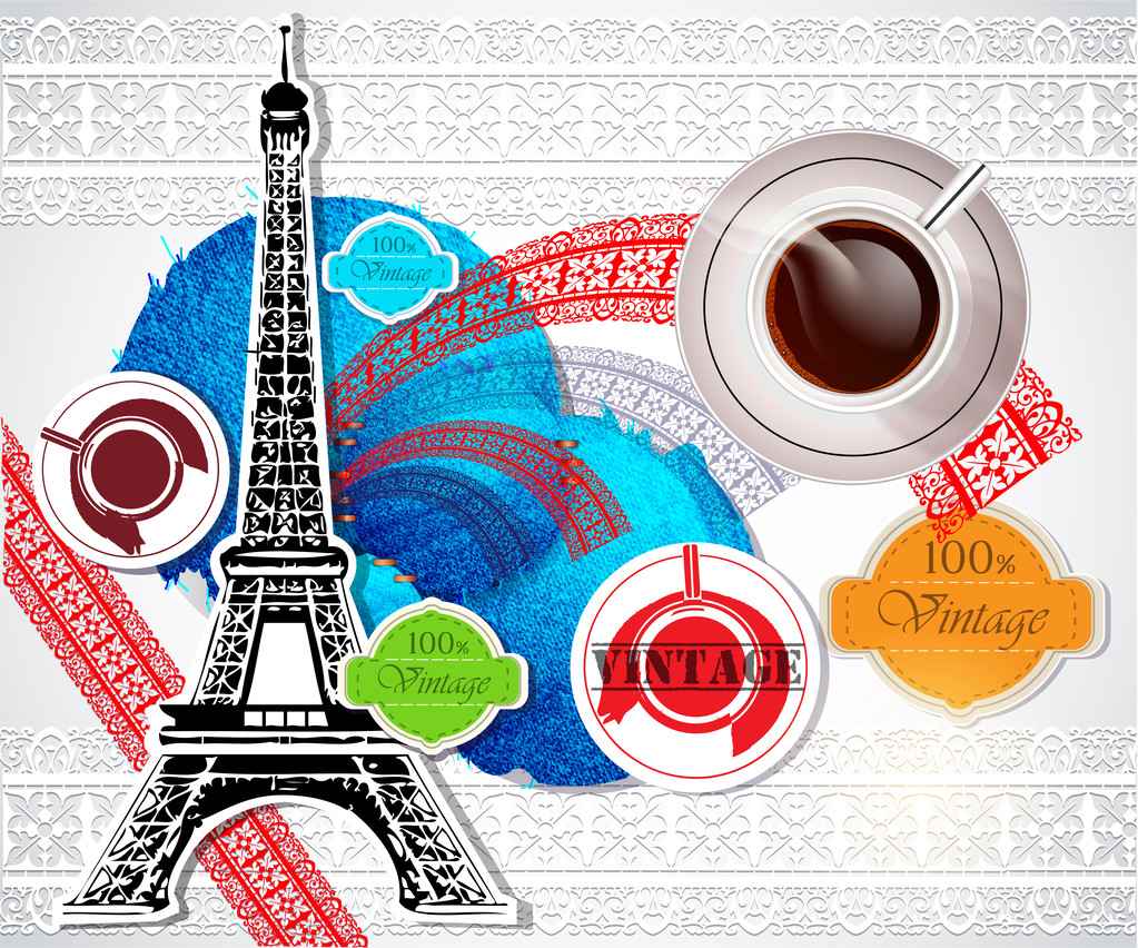 Eiffelturm und Kaffee vor historischem Hintergrund. Vektorillustration - Vektor, Bild
