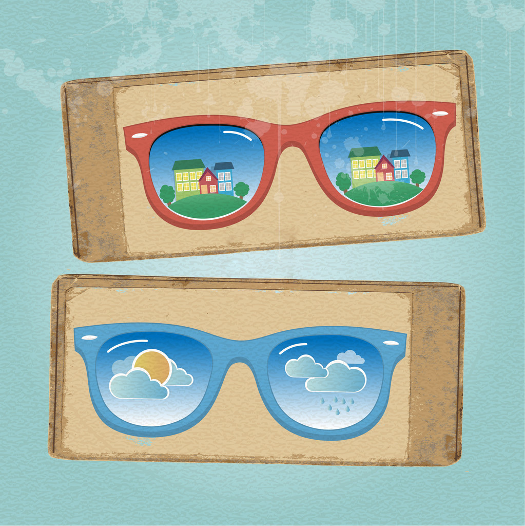 Retro eyeglasses with cityscape and weather reflection in it - Vector, Image