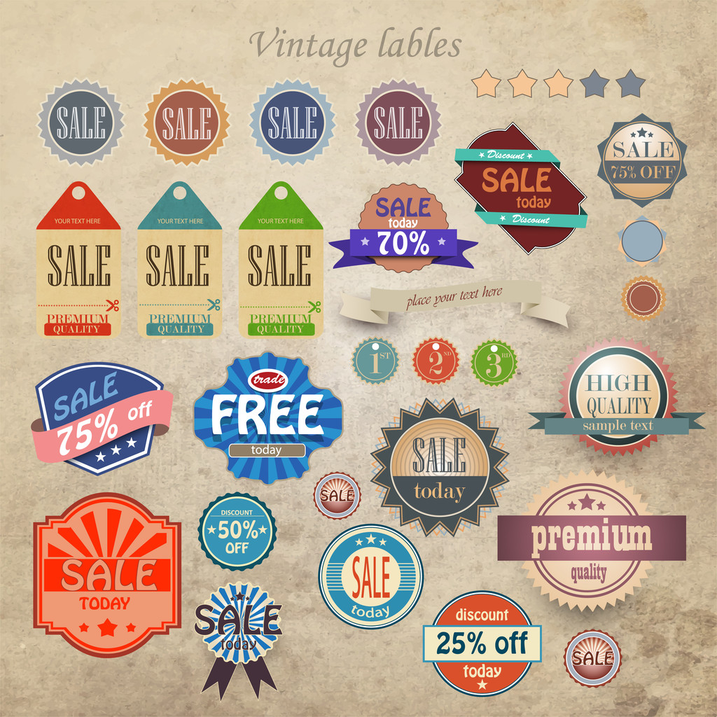 Vintage-Rabatt und hochwertige Etiketten - Vektor, Bild