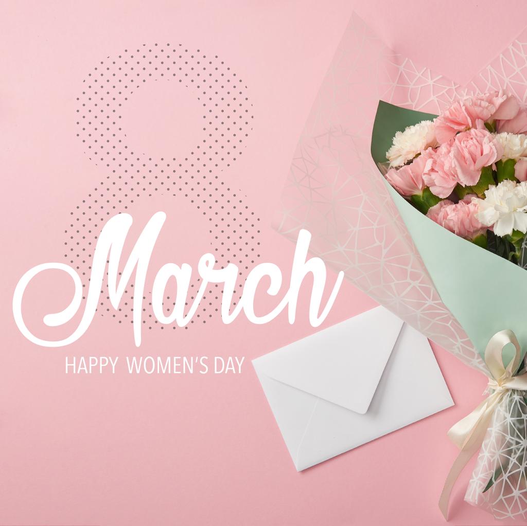Close up van roze en witte carnation bloemen boeket met envelop op roze achtergrond en 8 maart illustratie - Foto, afbeelding