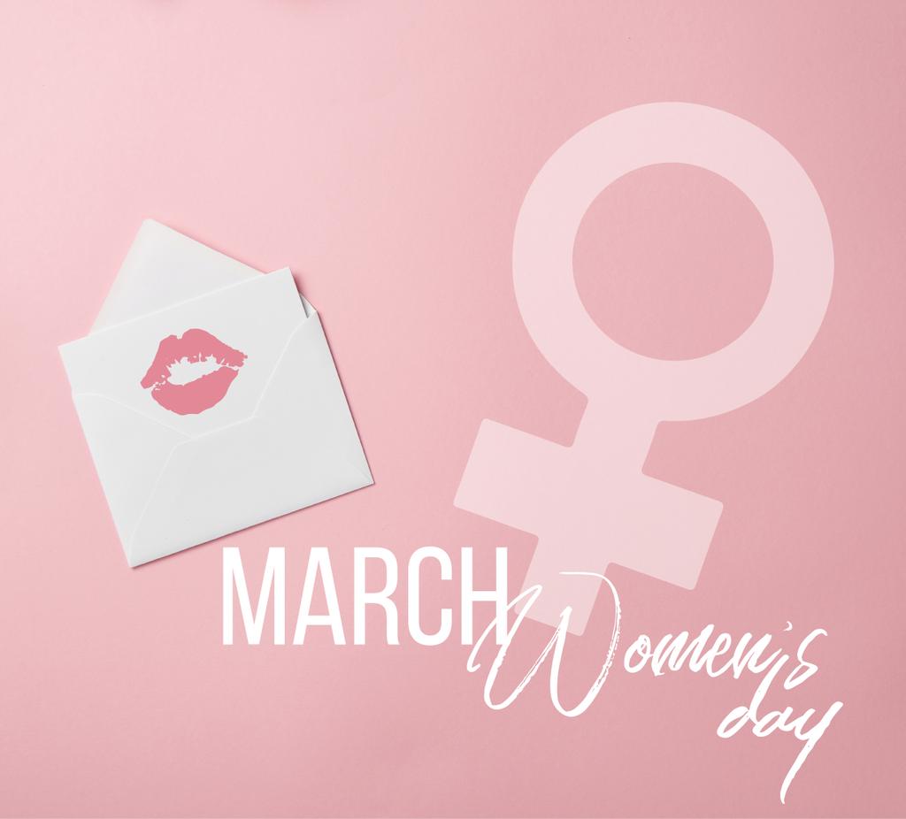 κάτοψη του ευχετήρια κάρτα με χείλη σημάδι στο λευκό φάκελο με γυναικών μέρα και θηλυκό σύμβολο επεξήγηση - Φωτογραφία, εικόνα
