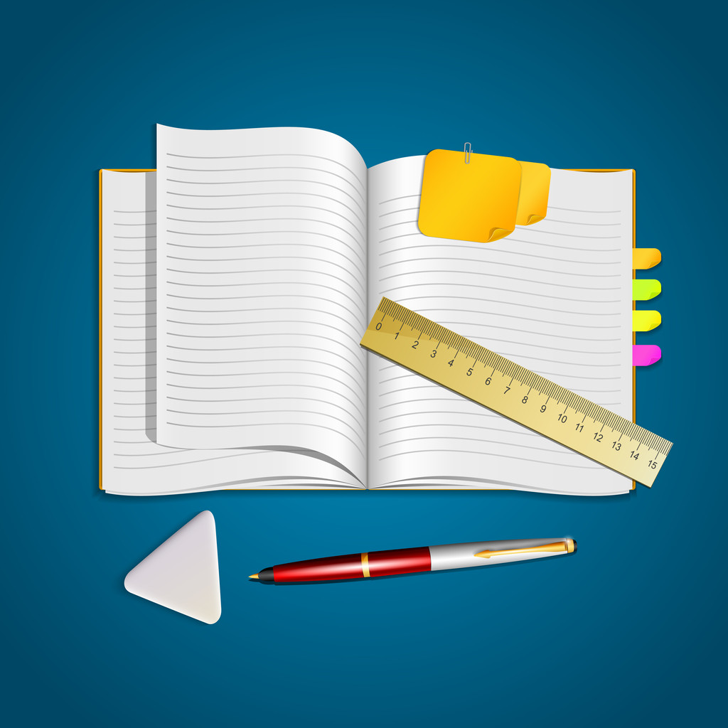 Un cuaderno abierto con lápiz, borrador y regla
 - Vector, imagen