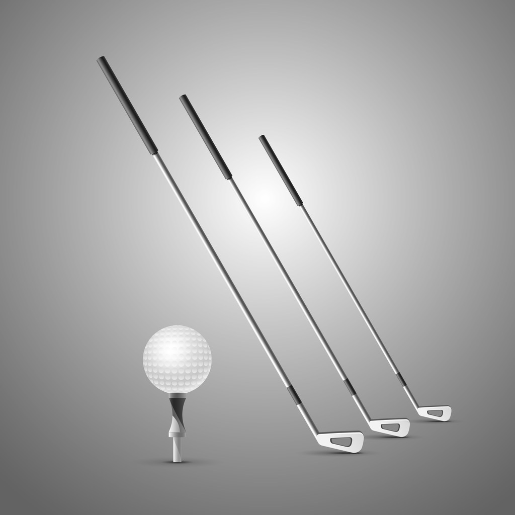 τρεις λέσχες γκολφ και μπάλα. εικονογράφηση φορέας που απομονώνονται σε γκρι φόντο - Διάνυσμα, εικόνα