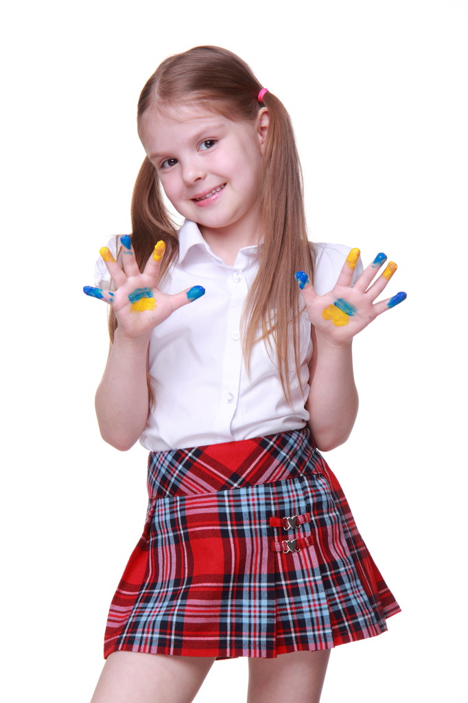 Щаслива маленька дівчинка руками розписав як український прапор - Фото, зображення
