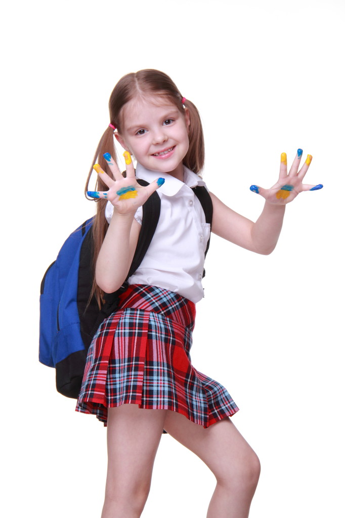 Joyeux petite fille avec les mains peintes comme drapeau ukrainien
 - Photo, image