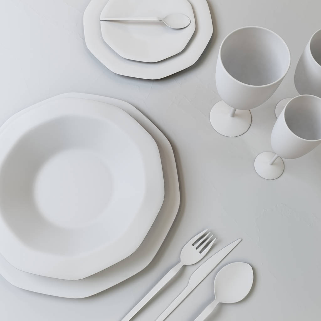 Abstracte illustratie van een aantal gerechten in witte kleuren. Borden, glazen, lepels, vork, mes op tafel. 3D illustratie. - Foto, afbeelding