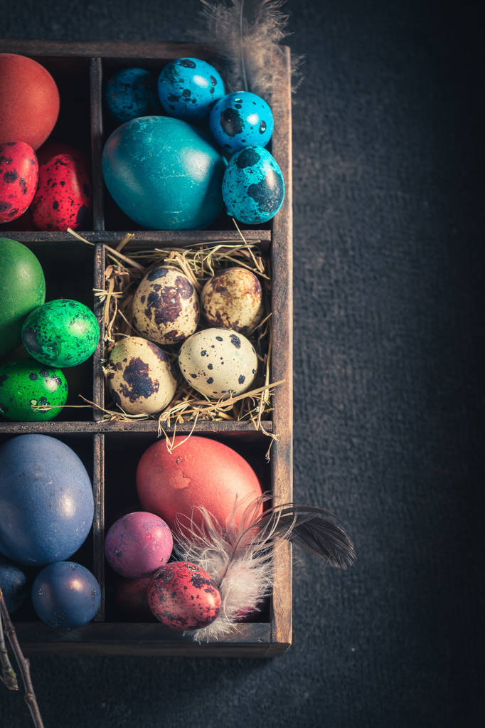 Codorniz y gallina Huevos de Pascua con plumas y heno
 - Foto, imagen