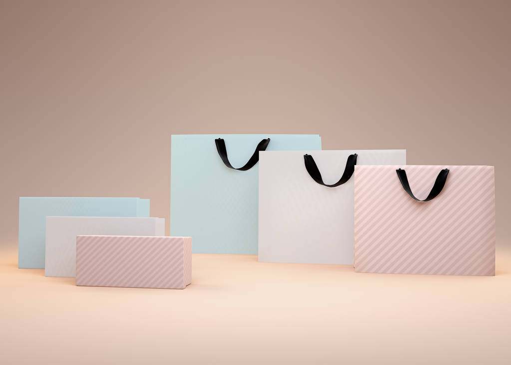 Bevásárló táskák és ékszerdobozok pasztell színekben. 3D-s illusztráció - Fotó, kép