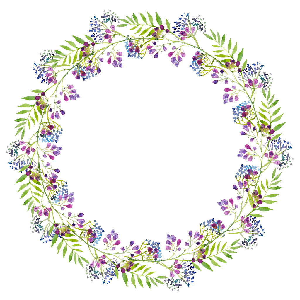 uma grinalda brilhante de ramos de flores roxas e folhas verdes, bagas azuis, ilustração aquarela. Desenho à mão para impressão, saudações, logotipos
 - Foto, Imagem