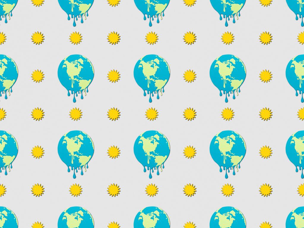 модель с плавильными шарами и солнечными знаками на сером фоне, концепция глобального потепления
 - Фото, изображение