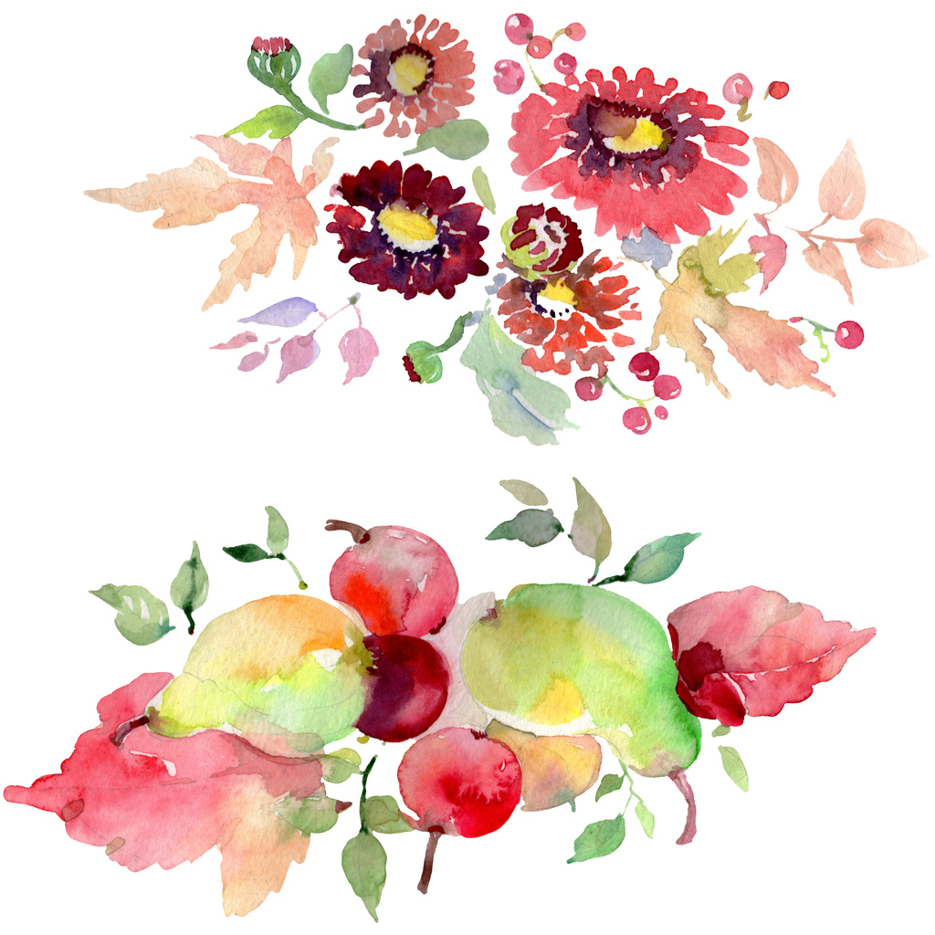 Bouquets com flores e frutas. Conjunto de ilustração de fundo aquarela. Isolados buquês elemento ilustrativo
. - Foto, Imagem