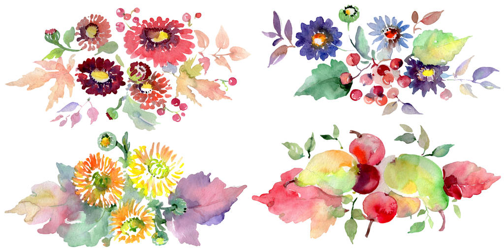 Sträuße mit Blumen und Früchten. Aquarell Hintergrundillustration Set. isolierte Blumensträuße Illustrationselement. - Foto, Bild