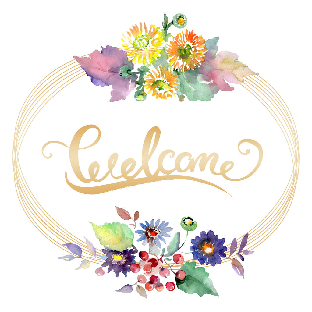 Bouquets with flowers and fruits. Watercolor background illustration set. Frame border ornament square. - Photo, Image