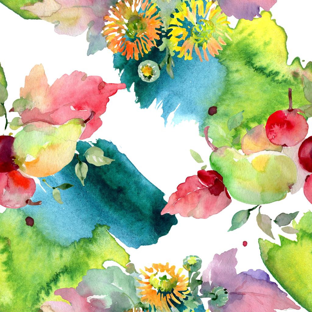 Boeketten met bloemen en vruchten. Aquarel achtergrond afbeelding instellen. Naadloze achtergrondpatroon. - Foto, afbeelding