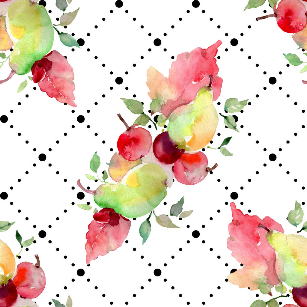 Bouquets with flowers and fruits. Watercolor background illustration set. Seamless background pattern. - Photo, Image