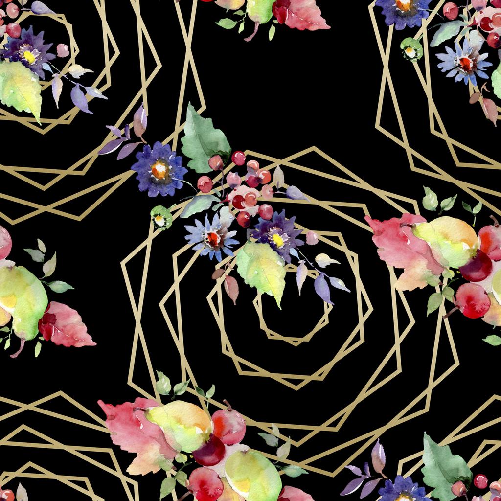 Μπουκέτα με λουλούδια και φρούτα. Ακουαρέλα φόντο εικόνα σύνολο. Απρόσκοπτη υπόβαθρο μοτίβο. - Φωτογραφία, εικόνα