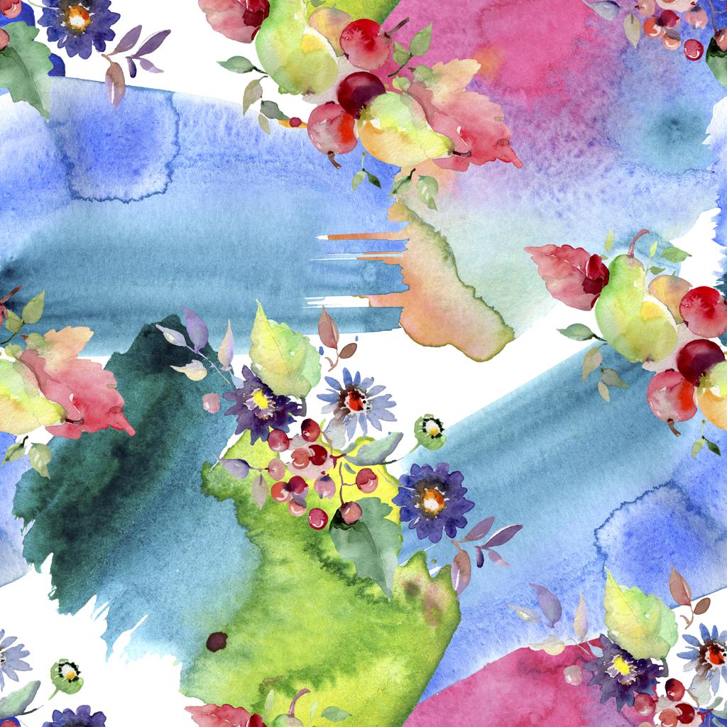 Bouquets com flores e frutas. Conjunto de ilustração de fundo aquarela. Padrão de fundo sem costura
. - Foto, Imagem