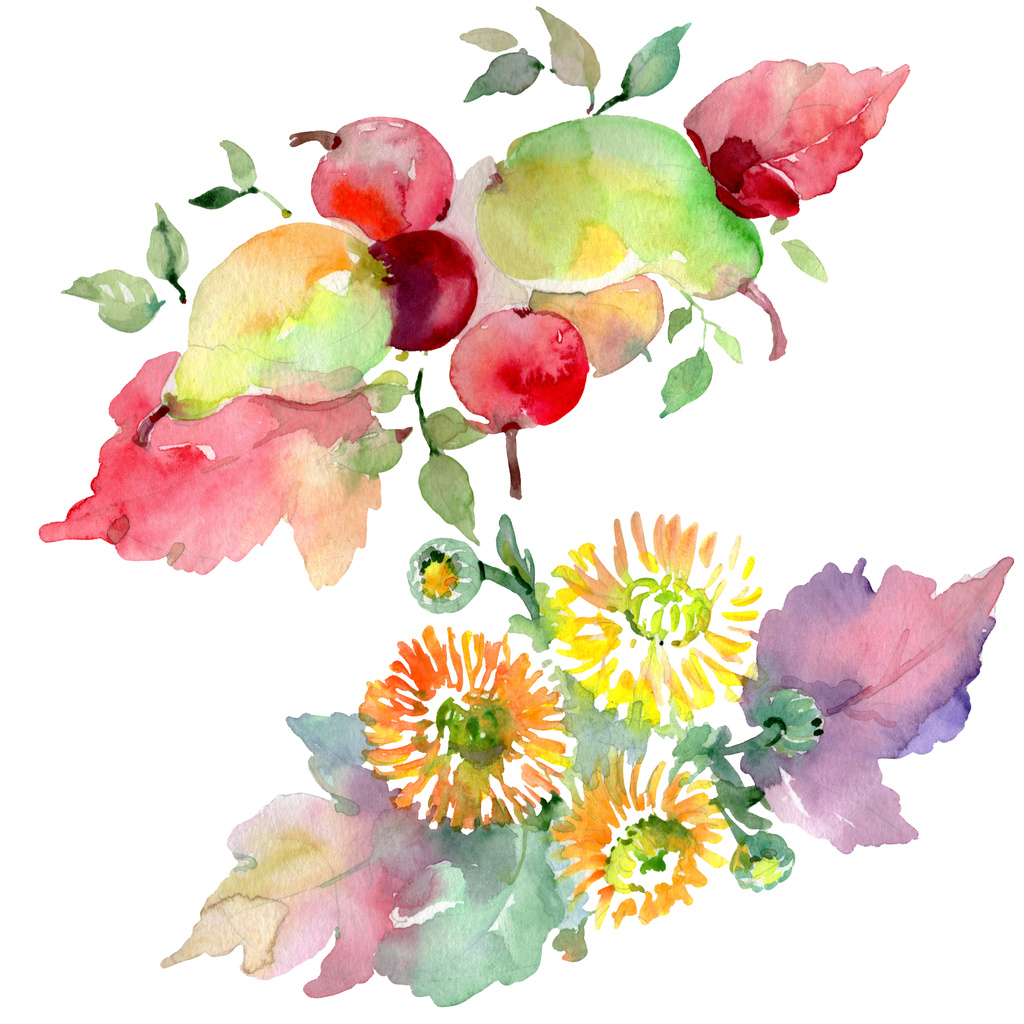 花と果物を持つ花束。水彩画背景イラスト セット。孤立した花束の図要素. - 写真・画像