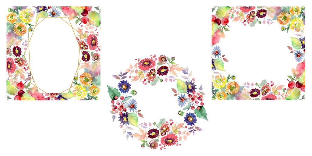 Sträuße mit Blumen und Früchten. Aquarell Hintergrundillustration Set. Rahmen Rand Ornament Quadrat. - Foto, Bild