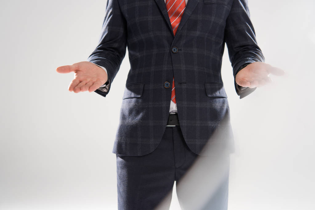 recortado vista de hombre de negocios elegante presentando algo en gris
 - Foto, Imagen
