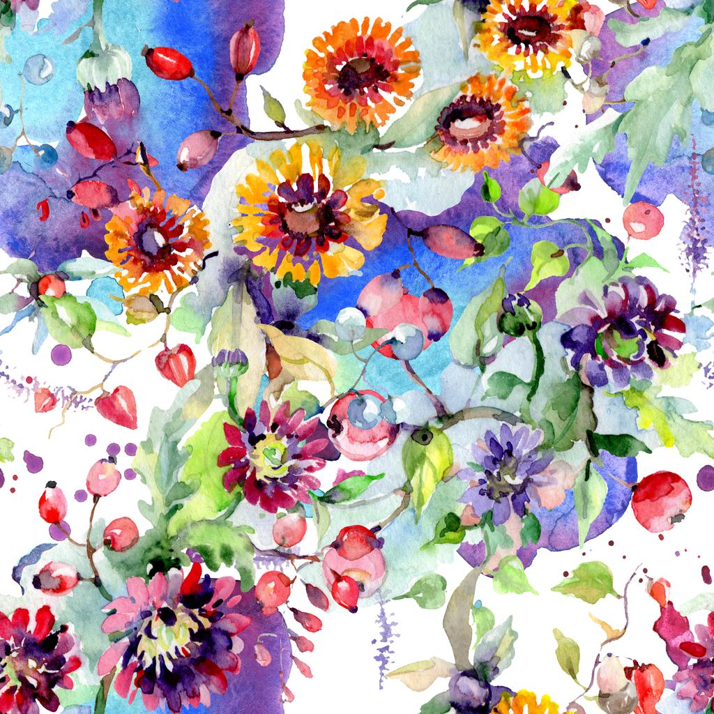 花と果実の香り 水彩のシームレスな背景イラスト セット ロイヤリティフリー写真 画像素材