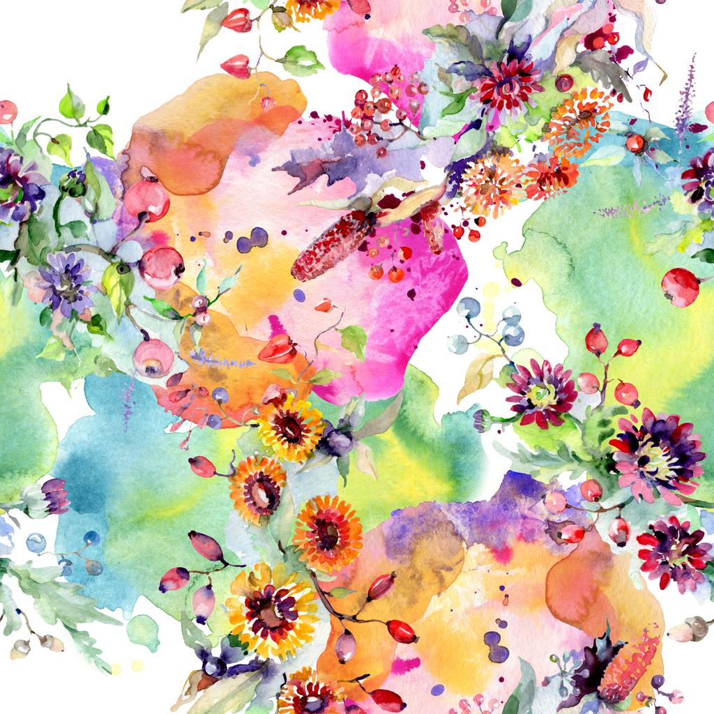 花と果実の香り 水彩のシームレスな背景イラスト セット ロイヤリティフリー写真 画像素材