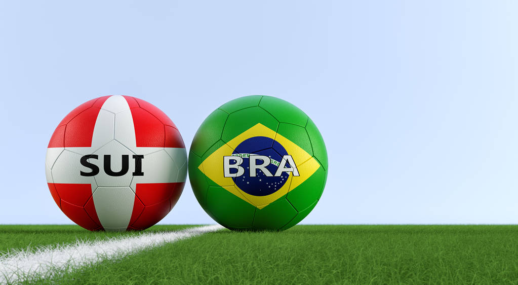 Suiza vs. Brasil Soccer Match - Pelotas de fútbol en colores nacionales suizos y brasileños en un campo de fútbol. Copiar el espacio en el lado derecho - Renderizado 3D
  - Foto, imagen