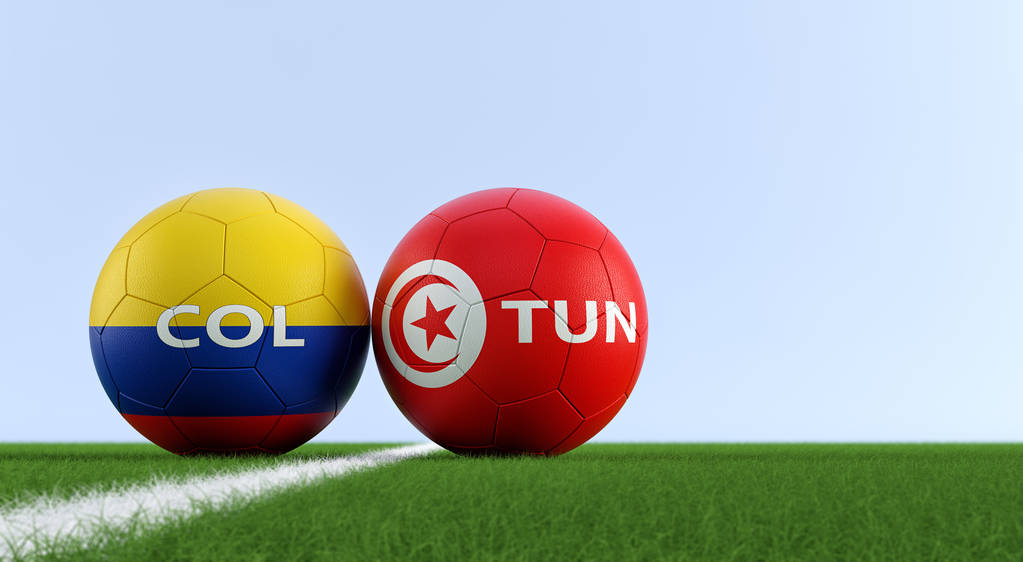 Fußballspiel Kolumbien gegen Tunesien - Fußballbälle in den kolumbianischen und tunesienfarbenen Nationalfarben auf einem Fußballplatz. Kopierraum auf der rechten Seite - 3D-Rendering  - Foto, Bild