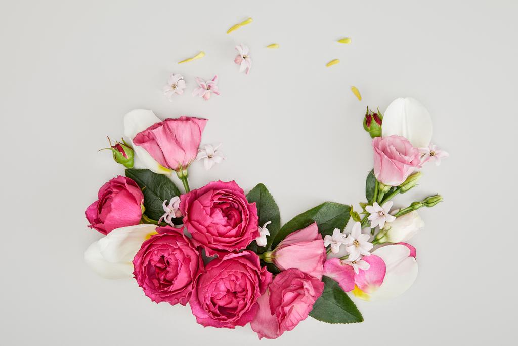 白で隔離ピンクのバラの花の組成の平面図 - 写真・画像