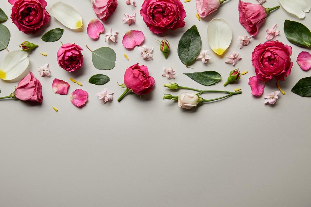 κάτοψη του ροζ τριαντάφυλλα, φύλλα, μπουμπούκια και πέταλα που απομονώνονται σε γκρι με αντίγραφο χώρου - Φωτογραφία, εικόνα