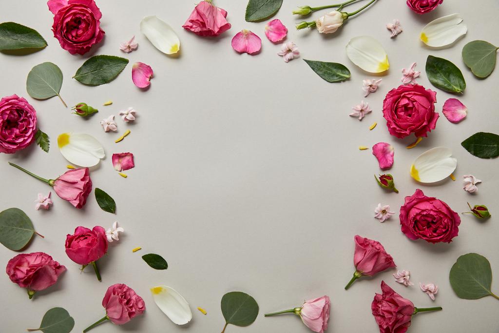 bovenaanzicht van ronde bloemen badrand van roze rozen en bloemblaadjes met kopie ruimte geïsoleerd op grijs - Foto, afbeelding