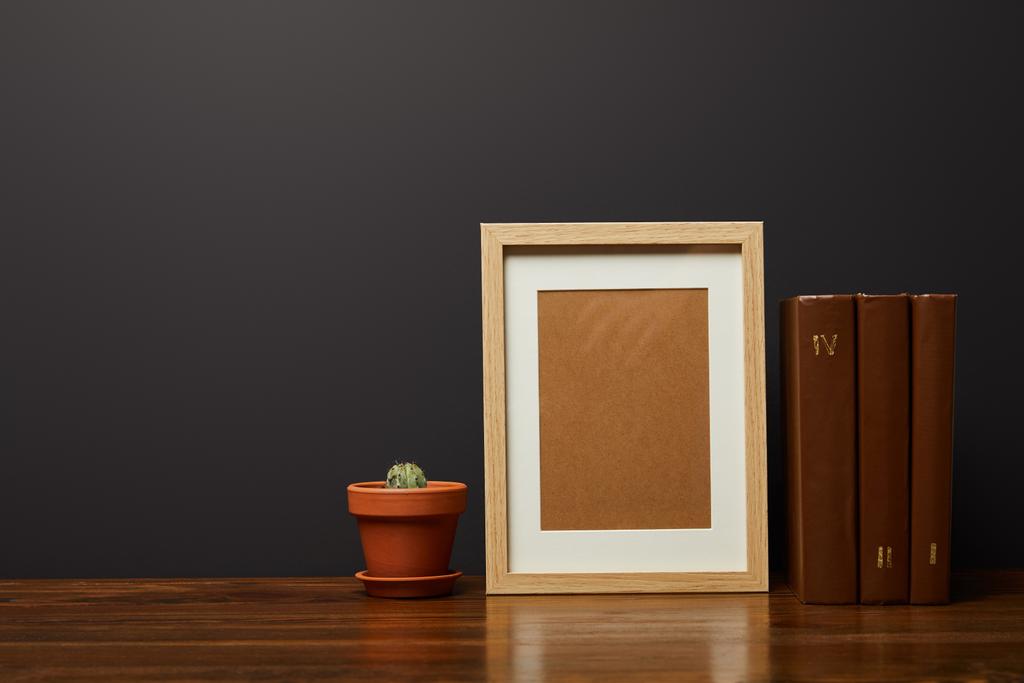 зелений кактус в горщику біля книг і порожньої рамки
  - Фото, зображення