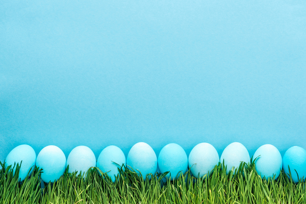 vue de dessus des œufs de Pâques traditionnels sur herbe isolée sur bleu
 - Photo, image