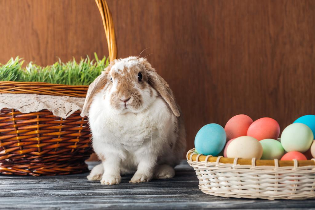 милый кролик возле плетеной корзины с травой и миской с пасхальными яйцами на деревянном столе
 - Фото, изображение