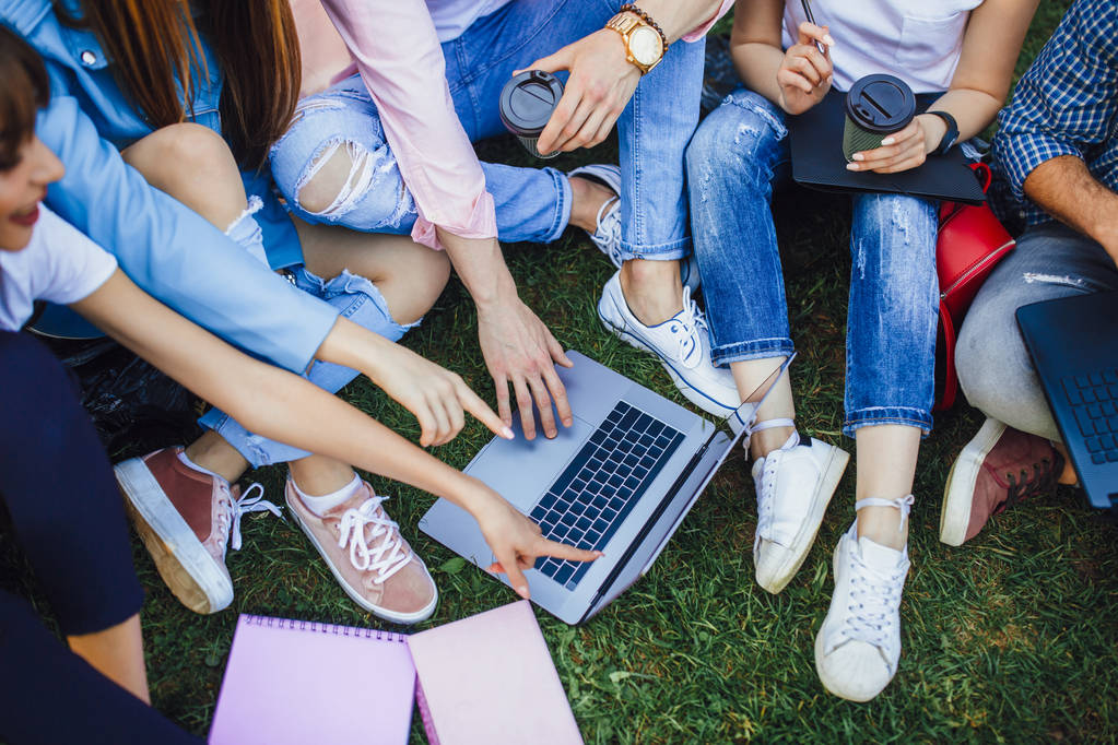 Grupo de estudantes usando laptop na grama
 - Foto, Imagem