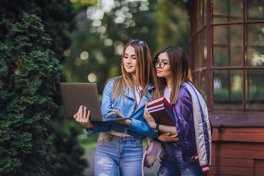 two young women with books and laptop, focus on foreground - Photo, Image