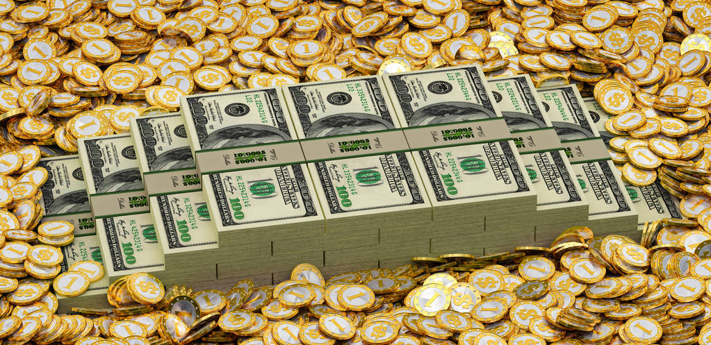 dollarbiljetten en gouden munten met dollarteken - Foto, afbeelding