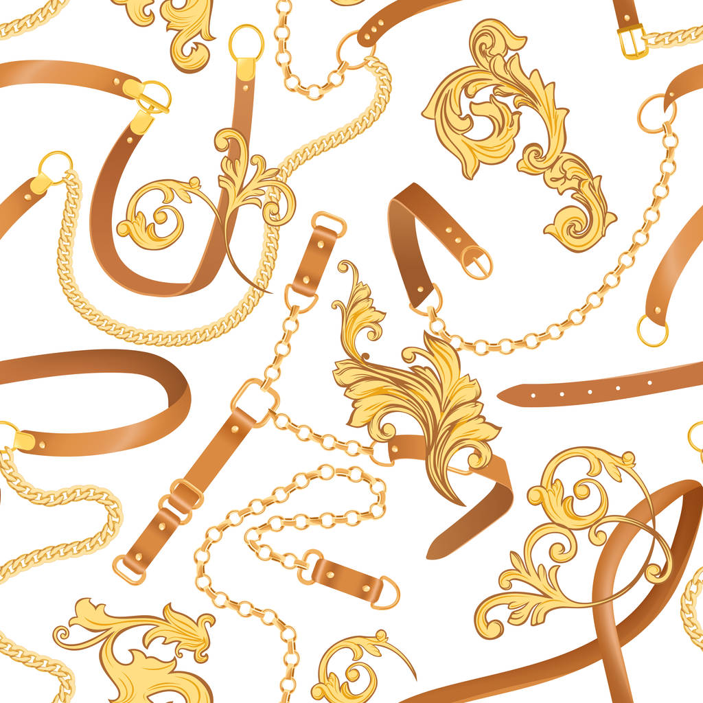 Nahtloses Muster aus Stoff mit goldenen Ketten, Gürteln und Riemen. Luxus barocken Hintergrund Modedesign mit Schmuckelementen für Textilien, Tapeten, Schal. Vektorillustration - Vektor, Bild