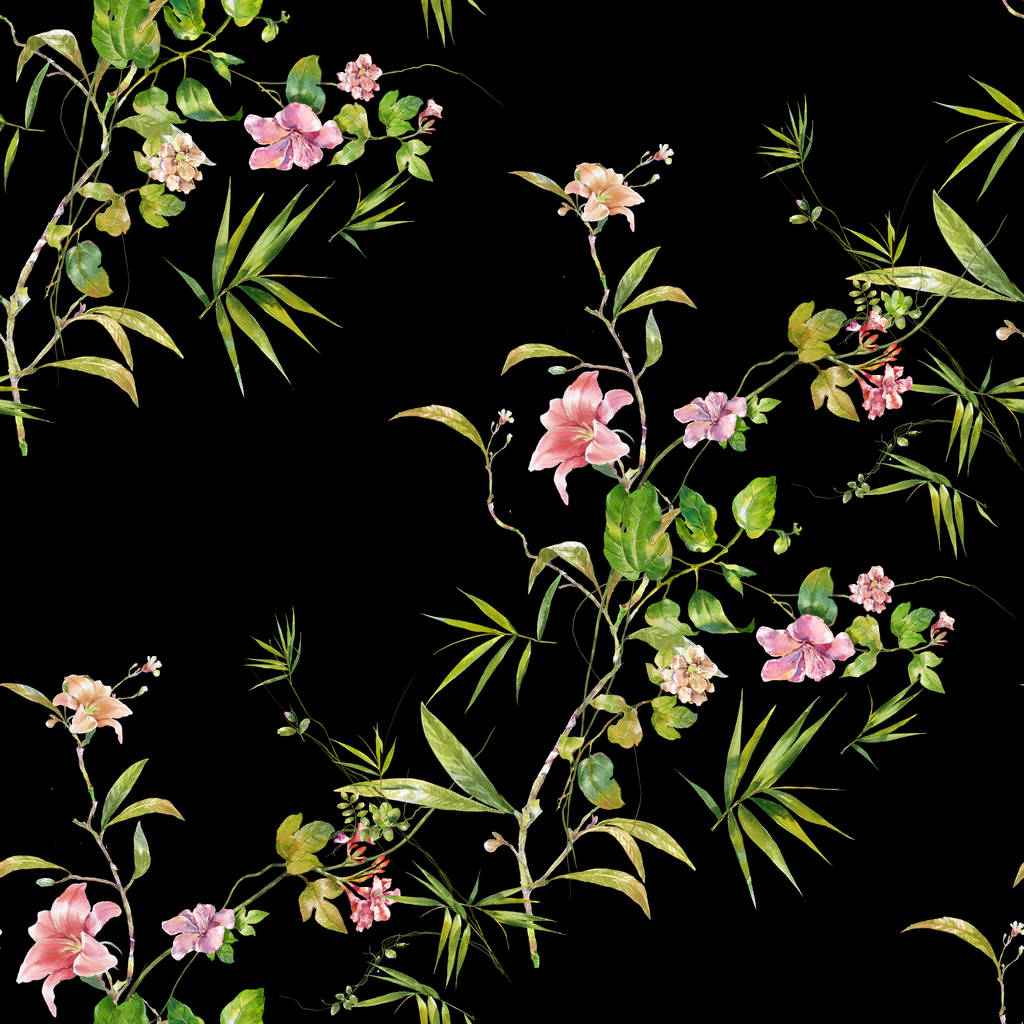 Aquarelverf van blad en bloemen, naadloos patroon op donkere achtergrond - Foto, afbeelding