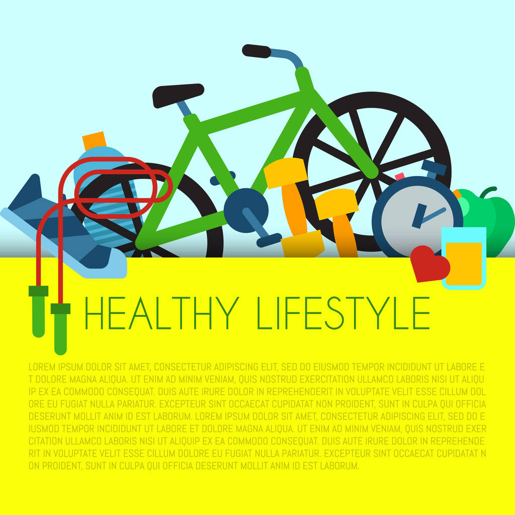 Egészséges életmód fogalma banner vektoros illusztráció. Poszter, sporteszközök és egészséges élelmiszer. Diéta és sport. Ötlet a mindennapi tevékenységek, mint például a fitness, kerékpározás, futás. - Vektor, kép