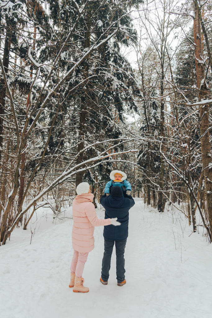 Bir çocuk ile aile yürüyüş. Aile doğada kış aylarında yürür. Doğada kış aile yürüyüş. Kar bir çok. - Fotoğraf, Görsel