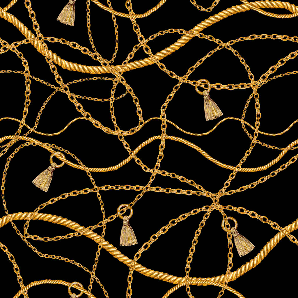 Glamour cadeia dourada ilustração padrão sem costura. Textura aquarela com correntes douradas
. - Foto, Imagem