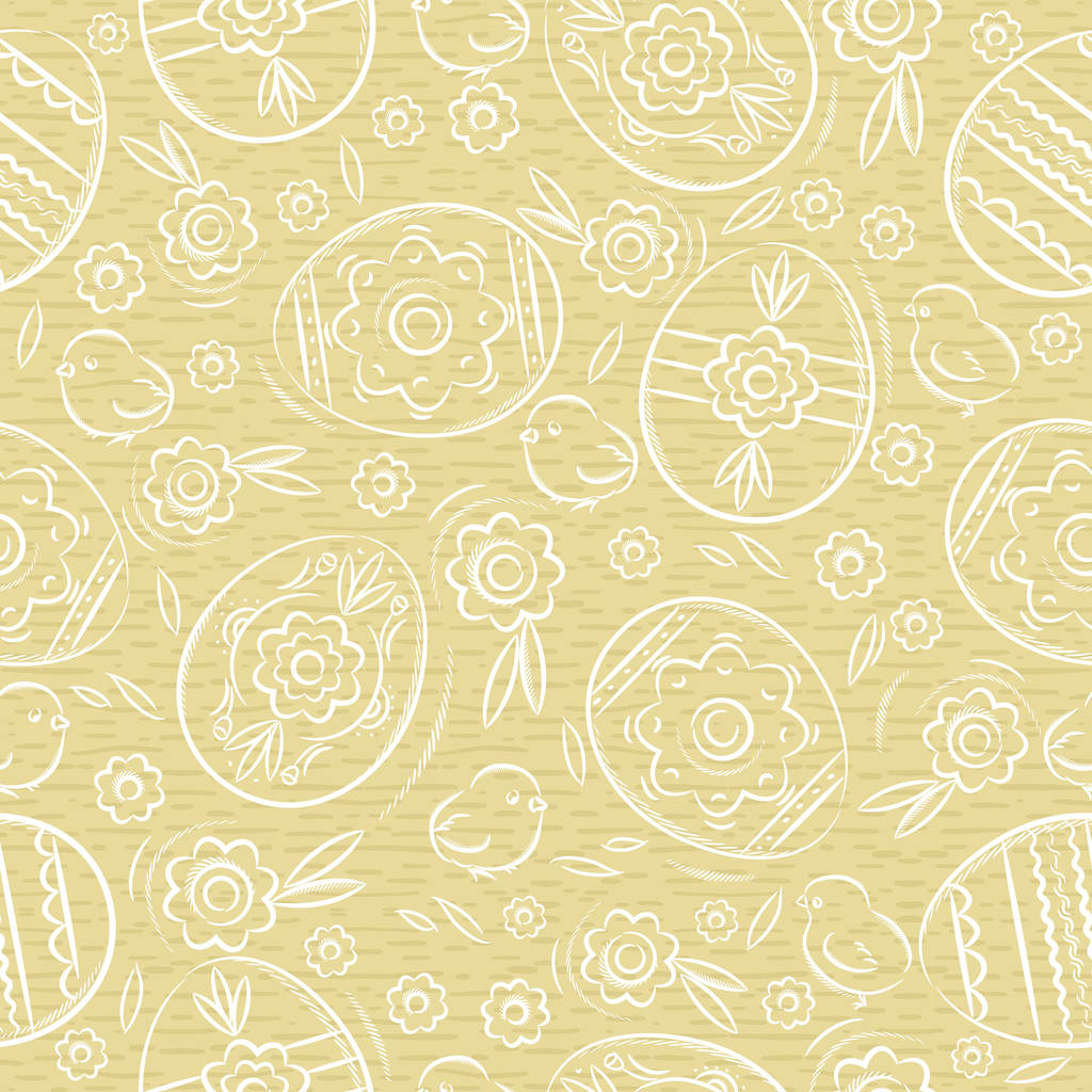 Easter eggs, flowers, leafs, chick. Beige Seamless pattern. Easter design. Can be used for fabric, wallpaper, pattern fills, web page background, greeting card, scrap booking, vector illustration - Vector, Image