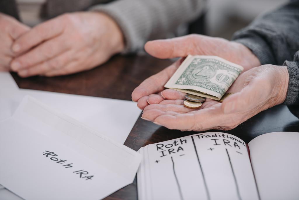 Ausgeschnittene Ansicht eines Paares, das Geld in der Nähe eines Umschlags mit 'roth ira' -Schriftzug und Notizbuch hält - Foto, Bild